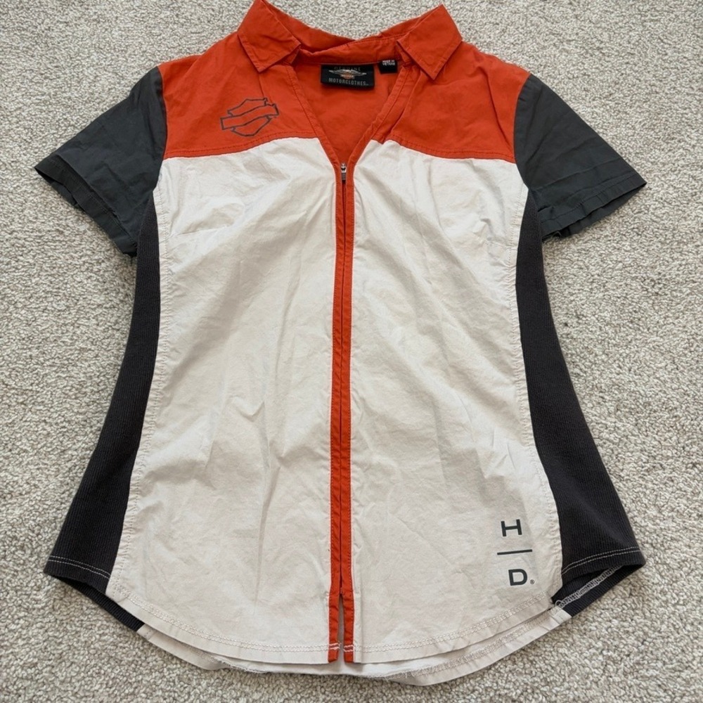 Harley Davidson Horizon Logo Shirt Womens M Orange Colorblock Zip Up Y2K Style